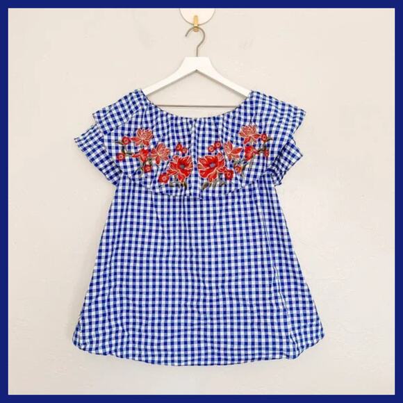 Umgee Blue Gingham Floral Embroidered Off the Shoulder Dress Small - Picture 1 of 4